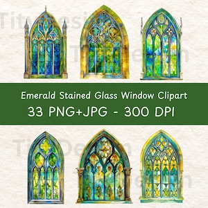 Emerald Stained Glass Window Clipart - Fantasy Sublimation - Graphics and Collage Sheets for Altered Art or Junk Journals - Instant Download