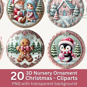 Adorno navideño 3D para guardería - 20 imágenes prediseñadas de decoración navideña redonda PNG - Pegatinas redondas con efecto 3D pastel - Diseño de sublimación en paquete