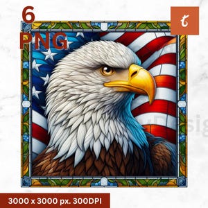Arte de vitral con águila calva americana, decoración de pared patriótica de EE. UU., impresión de águila de la libertad, vitral vintage, arte con bandera de EE. UU.