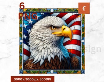 American Bald Eagle Stained Glass Art, Patriotic USA Wall Decor, Freedom Eagle Print, Vintage Stained Glass Window, USA Flag Art
