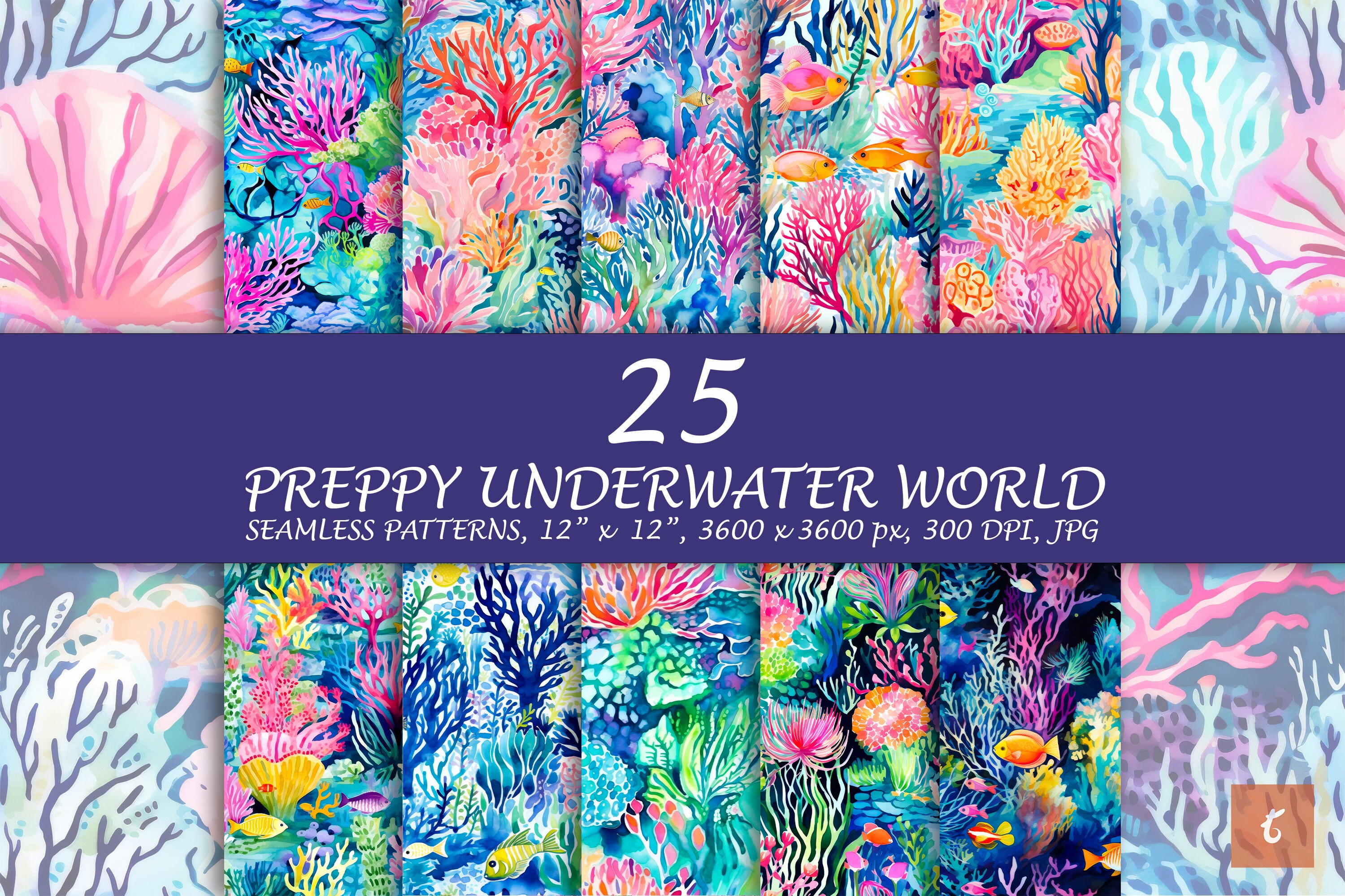 Preppy Underwater World Seamless Pattern - 25 Under The Sea Digital Paper - Summer Sea Digital Paper - Summer Paradise Life - Blue Ocean