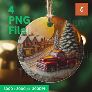 3D Red Truck Ornament Sublimation - Christmas Ornament Clipart - Retro Round Christmas Ornament png - Farmhouse Home Decor - Hanging Decor