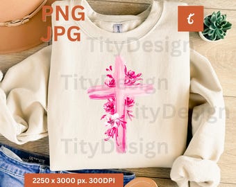 Easter Cross with Florals Png, He is Risen png, Christian Clipart, Watercolor Cross Png, Religious Easter png, Cute Floral Cross