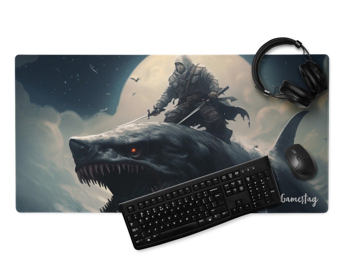 Ninja Megalodon, Large gaming Mouse Pad, 18"x16" or 36"x18", Personalize with Gamertag Option, PC gaming or Workstation, Non slip base