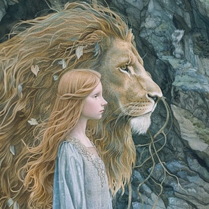 May include: A young woman with long, flowing blonde hair stands beside a large lion with a mane of golden brown fur. The lion's head is turned to the side, and its eyes are closed. The woman is wearing a long, flowing blue dress. The background is a rocky cliff face.