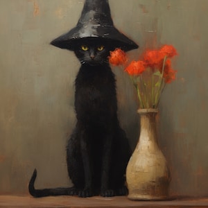 May include: A black cat wearing a black witch's hat sits on a wooden surface next to a vase of red flowers. The cat has yellow eyes and a serious expression.