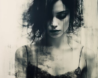 May include: A black and white portrait of a woman with dark hair, wearing a black tank top. The image is stylized with a painterly effect, creating a moody and atmospheric feel.
