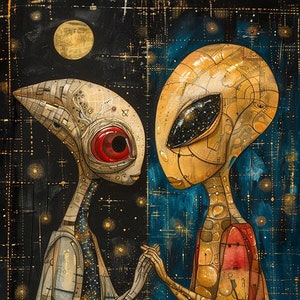 Cosmic Companions, Alien Love Grey Alien Printable, Downloadable, Wall art, Poster, Art, Large size, Meditation, Gift, Poster, Wall art, UFO