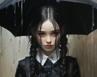 May include: A young person with long black braids, wearing a black button-up shirt and a black leather satchel, stands under a black umbrella in the rain.