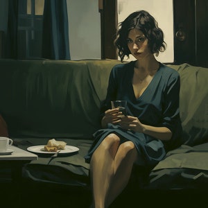 Girl Alone in the style of Edward Hopper      Printable, Downloadable, Wall art, Poster, Art, Large size, Home decoration, Decor, Art Deco,