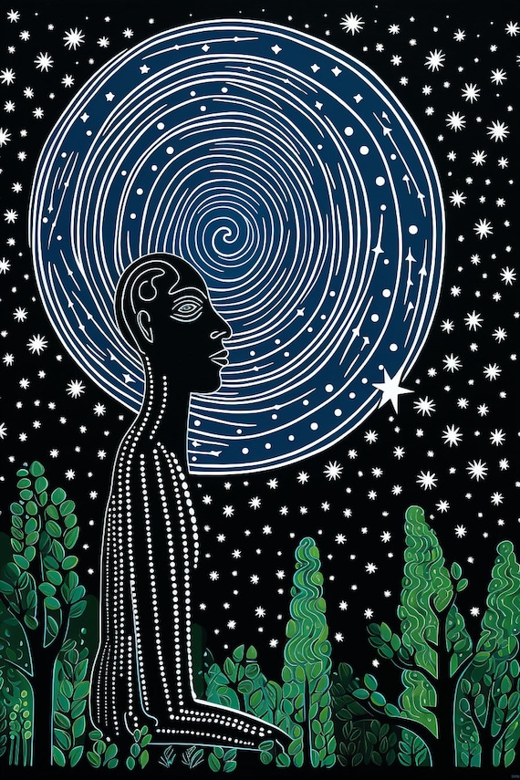 アボリジニアートプリント：緑、青、黒の壁アート（デジタル