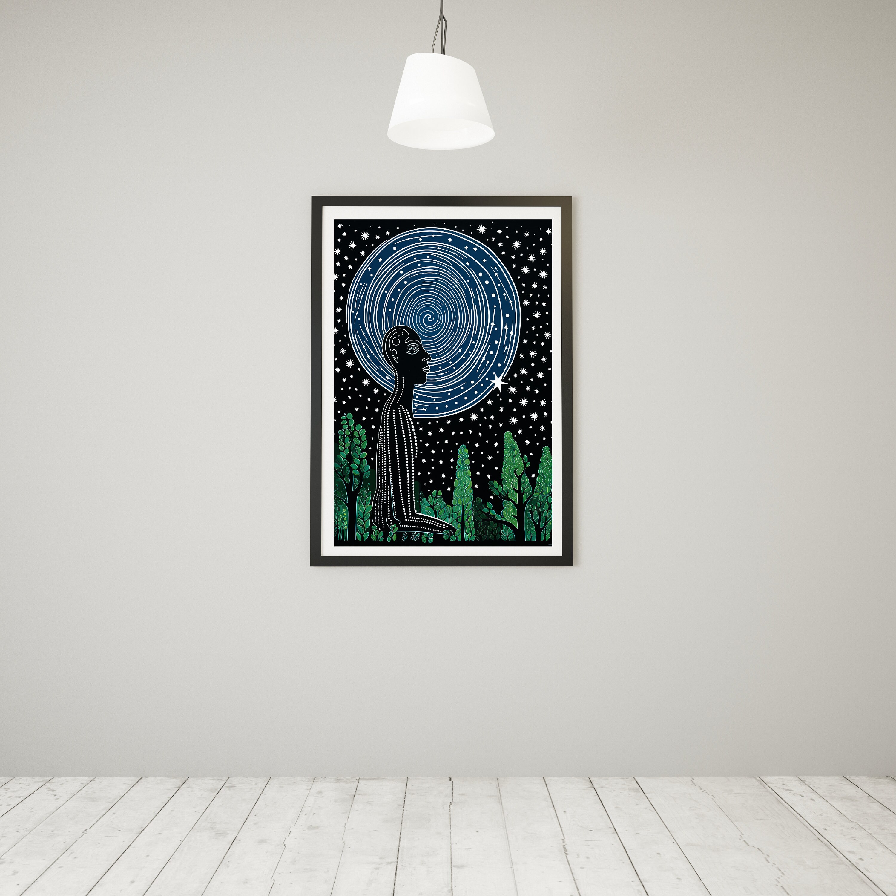 アボリジニアートプリント：緑、青、黒の壁アート（デジタル