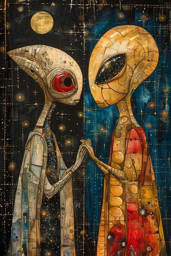 Cosmic Alien Love Art Print: Surreal Meditation Poster (digital