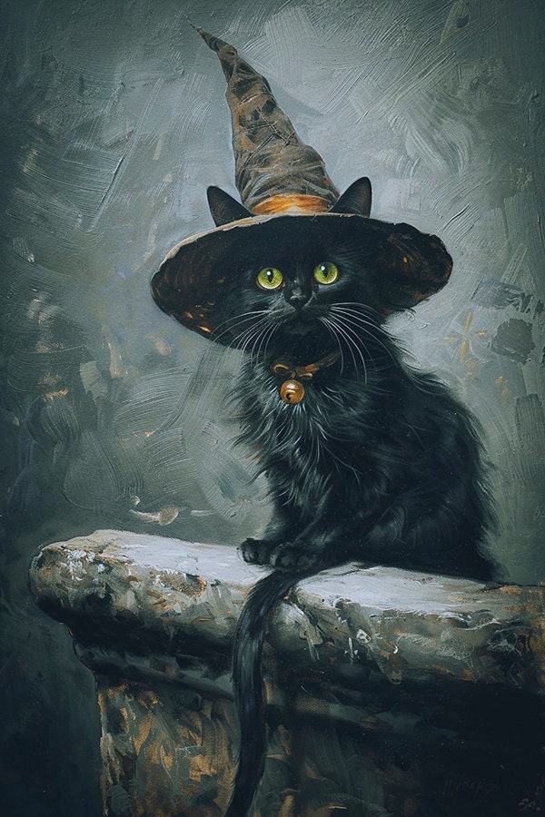 Witch's Cat Art Print: Halloween Black Cat Poster (digital
