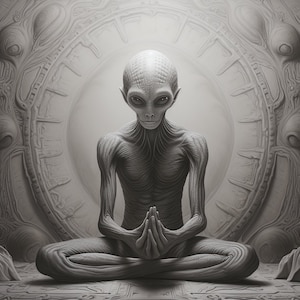 Puede incluir: Un extraterrestre gris con ojos grandes se sienta en una postura meditativa con las manos juntas frente a su pecho. El extraterrestre está frente a un gran fondo circular, blanco y texturizado.