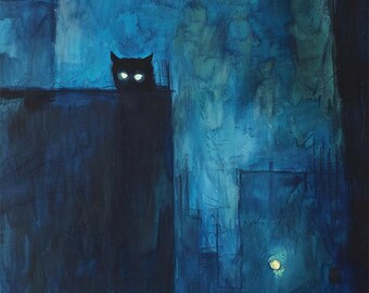 夜の猫のアートプリント：エドワード・ホッパー風、月明かりに照らされ