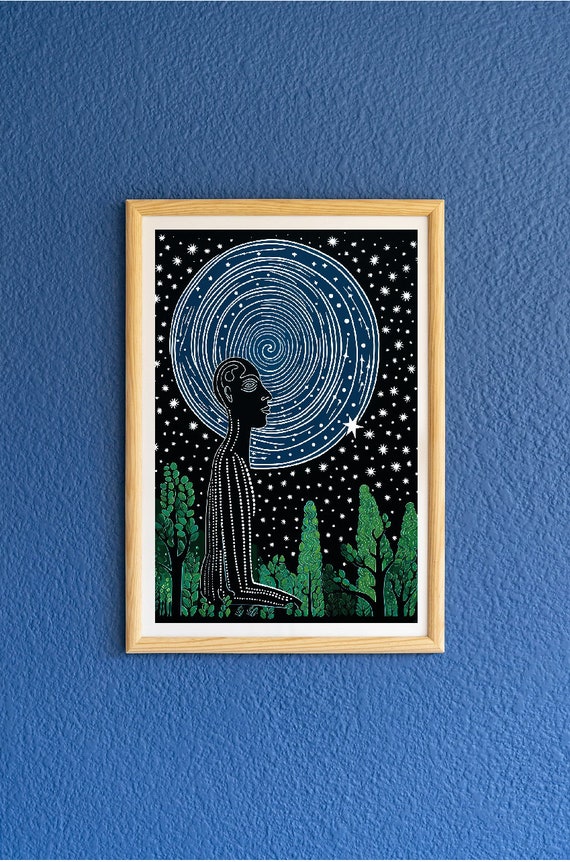 アボリジニアートプリント：緑、青、黒の壁アート（デジタル