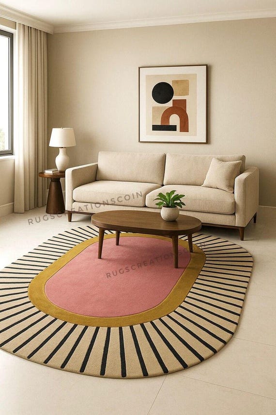 Hand Tufted Wool Oval Rug 5x8,6x9 Handmade Pink Beige Modern Area Rug, Scandinavian Minimalist Carpet, Contemporary Living Room Wool Rug