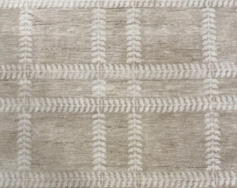 Hand-Knotted Wool Area Rug: Neutral Plaid Oushak Design