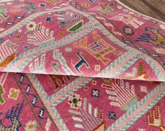 Hand-Knotted Oushak Wool Rug: Pink Turkish Design 8x10