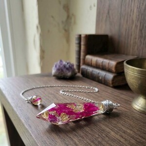 Floral Resin Pendulum | Real Pink Yellow Flower Dowsing, Wire Wrapped Botanical Witchcraft Divination (32cm)