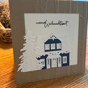 Weihnachtskarte Hygge handgemacht, schlicht , Schwedenhäuschen handgefertigt; Grußkarte Tannen Weihnachten