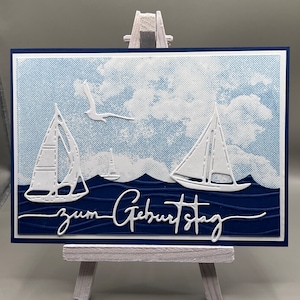 Geburtstagskarte 3D Maritim Meer Himmel Segelboote handgemacht. Motiv: Segelboote Meer Himmel  Wolken, Schriftzug  zum Geburtstag