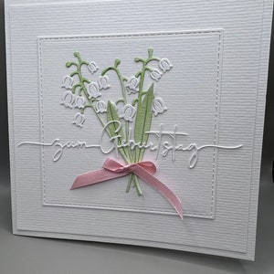 Geburtstagskarte 3D schlicht weiß handgemacht. Florales Motiv Schneeglöckchen mit Satinschleife, Schriftzug: zum Geburtstag Bild 1