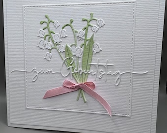 Geburtstagskarte 3D schlicht weiß handgemacht. Florales Motiv Schneeglöckchen mit Satinschleife, Schriftzug: zum Geburtstag