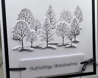 Trauerkarte Beileidskarte schlicht elegant quadratisch  3D Motiv: Bäume Satinschleife Text „Aufrichtige Anteilnahme“