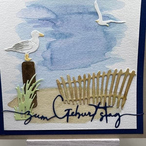 Geburtstagskarte 3D Nordsee Möwe maritim handgemacht. Motiv: Möwen am Strand, Schriftzug zum Geburtstag