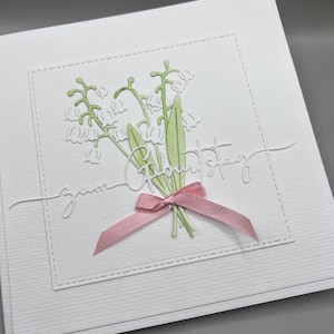 Birthday card 3D plain white handmade. Floral snowdrop motif with satin bow, lettering: happy birthday image 2