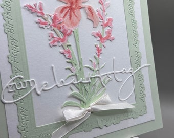 Birthday card 3D simple white green pink handmade. Floral motif bouquet of flowers with satin bow, lettering: happy birthday