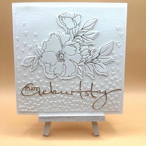Geburtstagskarte 3D handgemacht, elegant,  Blumenmotiv mit Glitzer, Schriftzug zum Geburtstag
