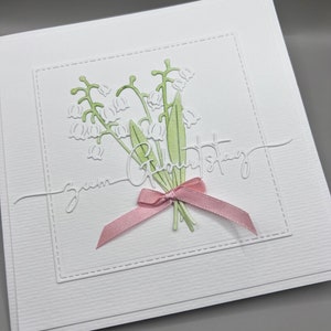 Geburtstagskarte 3D schlicht weiß handgemacht. Florales Motiv Schneeglöckchen mit Satinschleife, Schriftzug: zum Geburtstag Bild 4