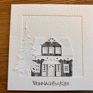 Weihnachtskarte Hygge handgemacht, schlicht weiß grau, Schwedenhäuschen handgefertigt