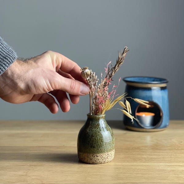 Handmade Tiny Stoneware Bud Vase | Ceramic Green Flower Vase | Pottery Vase Decor | Extra Small Boho Vase | Handcrafted Pottery Gift Present