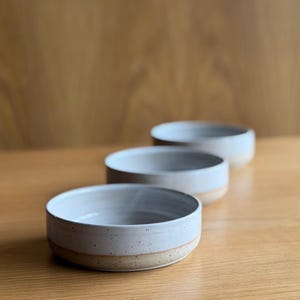 May include: Three round ceramic bowls arranged in a row. Each bowl features a smooth, light-colored interior and a speckled, textured exterior finish. The base of each bowl is a natural, unglazed tan color, while the upper portion is glazed white.