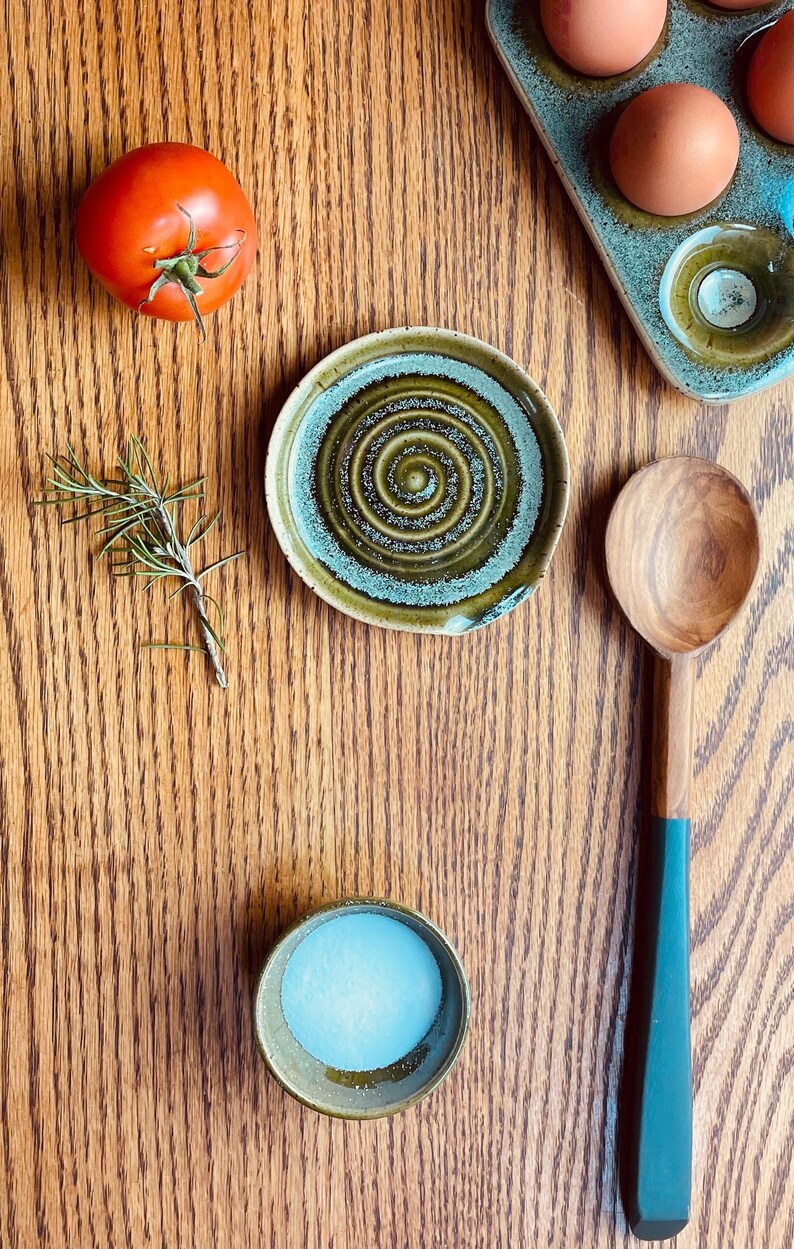Handmade Stoneware Spoon Rest | Clay Utensil Dish | Green Glaze Spoon Tray, Coffee Spoon Rest| Kitchen Tidy Dish | Housewarming Pottery Gift image 5