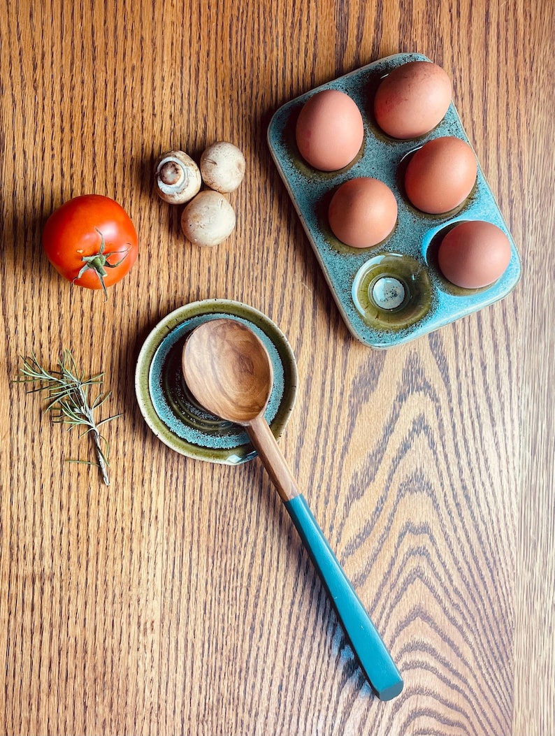 Handmade Stoneware Spoon Rest | Clay Utensil Dish | Green Glaze Spoon Tray, Coffee Spoon Rest| Kitchen Tidy Dish | Housewarming Pottery Gift image 4
