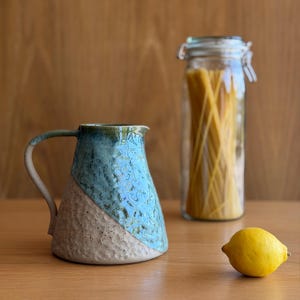 Handmade Stoneware Jug | Artisan Large Pitcher Glazed Green | Ceramic Water Jug | Farmhouse Pottery Kitchen Decor | Modern Rustic Clay Jug