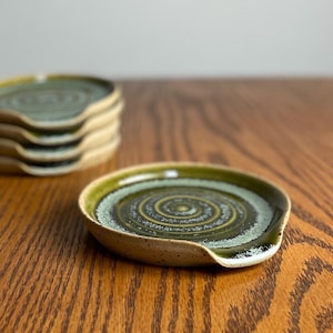 Handmade Stoneware Spoon Rest | Clay Utensil Dish | Green Glaze Spoon Tray, Coffee Spoon Rest| Kitchen Tidy Dish | Housewarming Pottery Gift