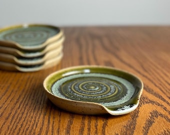 Handmade Stoneware Spoon Rest | Clay Utensil Dish | Green Glaze Spoon Tray, Coffee Spoon Rest| Kitchen Tidy Dish | Housewarming Pottery Gift