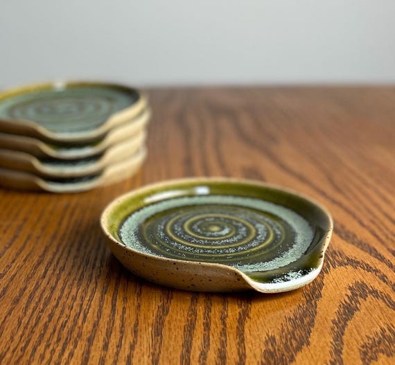 Handmade Stoneware Spoon Rest | Clay Utensil Dish | Green Glaze Spoon Tray, Coffee Spoon Rest| Kitchen Tidy Dish | Housewarming Pottery Gift