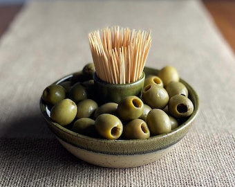 Handmade Small Olive Bowl, Ceramic Stoneware Dish, Green Glazed Nibble Dish, Aritsan Olive and Cocktail Stick Holder, Unique Pottery Gift