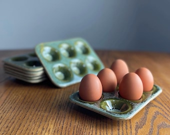 Handmade Speckled Stoneware Egg Holder Dish Tray for 6 | Ceramics Clay in Green Glaze |  Unique Easter Gift. Hand Rolled in Mendip Hills