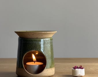Handmade Stoneware Green Oil Burner | Artisan Candle Holder | Ceramic Oil Melter | Pottery Wax Melt Burner| Essential Oil Aromatherapy Gift