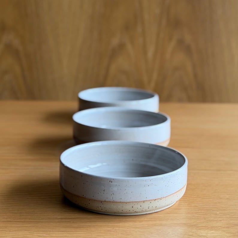 May include: Three round ceramic bowls arranged in a line, each featuring a smooth white glazed interior and a speckled light beige unglazed exterior base. The bowls have a low profile with straight sides and a wide opening, showing a consistent design.