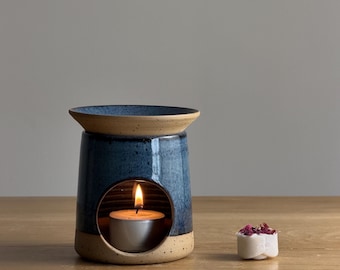 Handmade Stoneware Blue Oil Burner | Artisan Candle Holder | Ceramic Oil Melter | Pottery Wax Melt Burner| Essential Oil Aromatherapy Gift