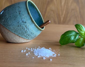 Handmade Speckled Salt Cellar Bowl, Ceramic Stoneware Rock Salt Container- Green Glazed, Artisan Salt Pig, Handthrown Unique Pottery Gift